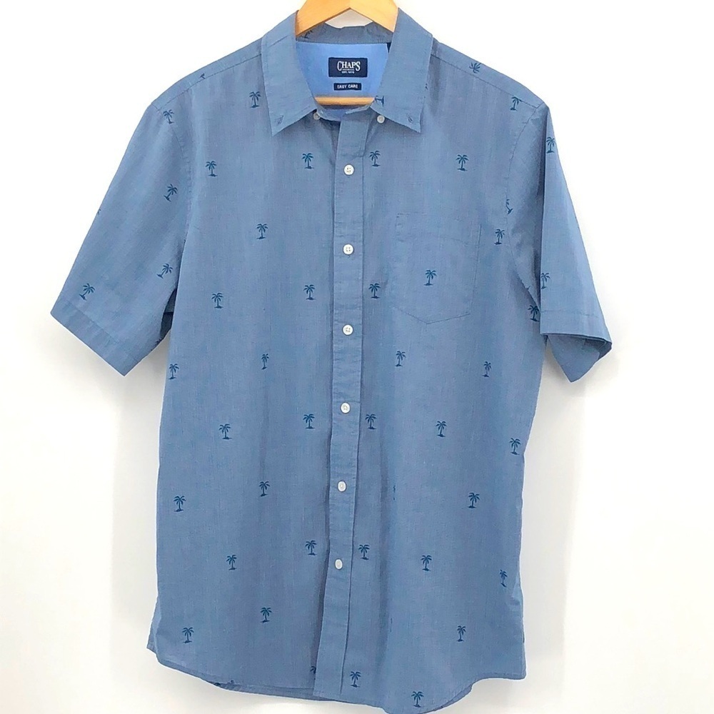 Chaps Easy Care Blue Palm Tree All Over Print Short Sleeved Button Down Size L - Picture 2 of 13